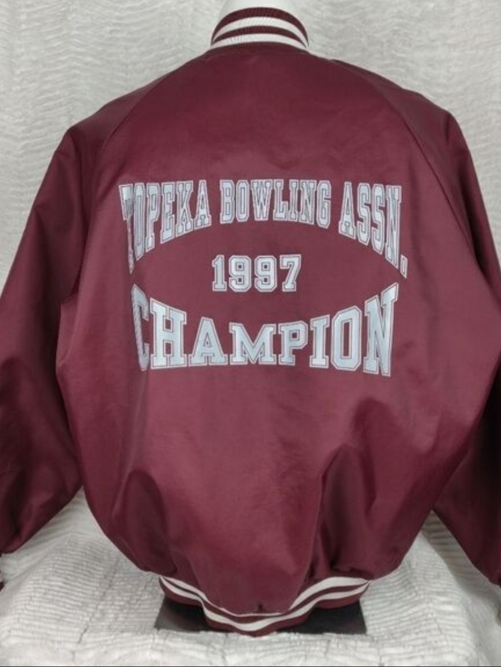 VTG West Ark Satin Bomber Jacket USA XL 1997 Topeka Bowling Champ Red Varsity
